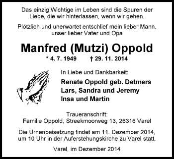 Traueranzeige von Manfred (Mutzi) Oppold von Nordwest-Zeitung
