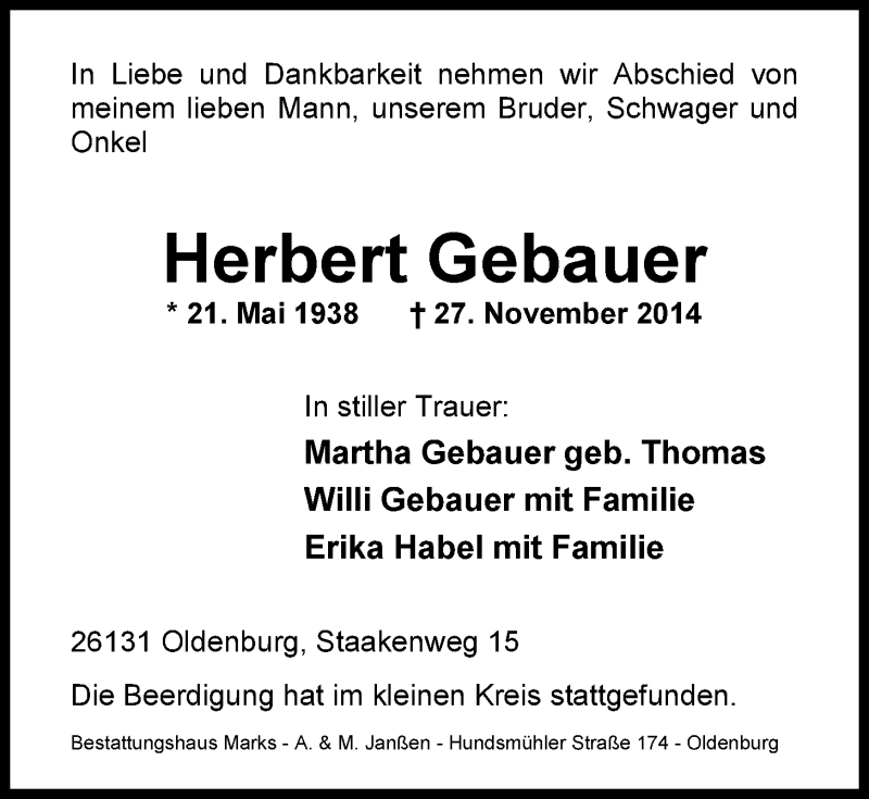  Traueranzeige für Herbert Gebauer vom 06.12.2014 aus Nordwest-Zeitung