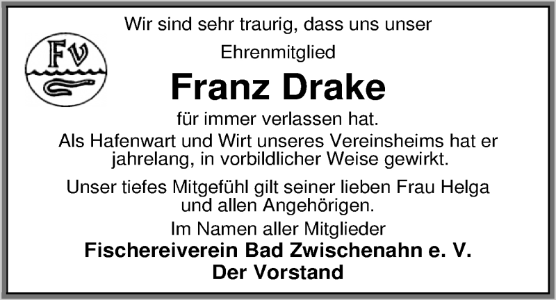  Traueranzeige für Franz Drake vom 11.12.2014 aus Nordwest-Zeitung