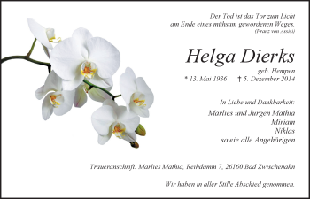 Traueranzeige von Helga Dierks von Nordwest-Zeitung