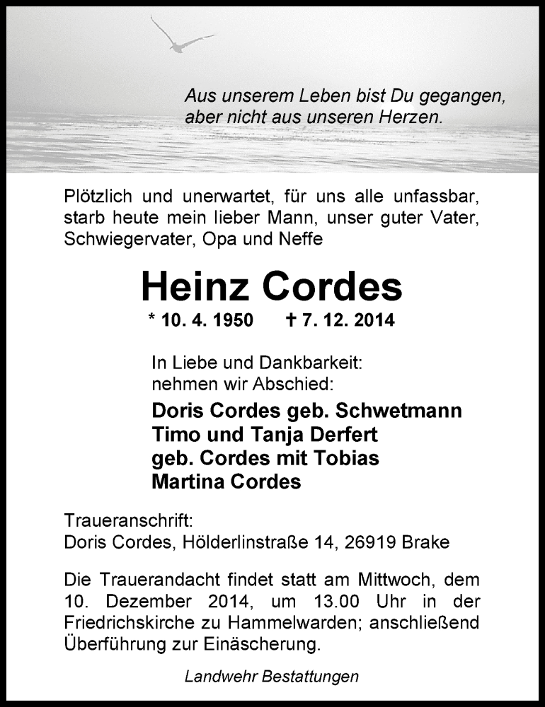  Traueranzeige für Heinz Cordes vom 08.12.2014 aus Nordwest-Zeitung