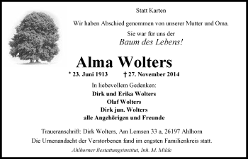 Traueranzeige von Alma Wolters von Nordwest-Zeitung
