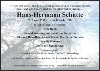 Traueranzeige von Hans-Hermann Schütte von Nordwest-Zeitung