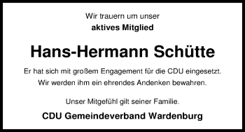 Traueranzeige von Hans-Hermann Schütte von Nordwest-Zeitung