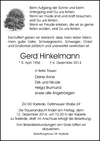 Traueranzeige von Gerd Hinkelmann von Nordwest-Zeitung
