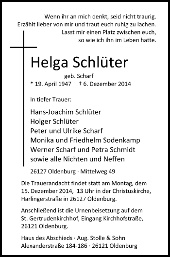 Traueranzeige von Helga Schlüter von Nordwest-Zeitung