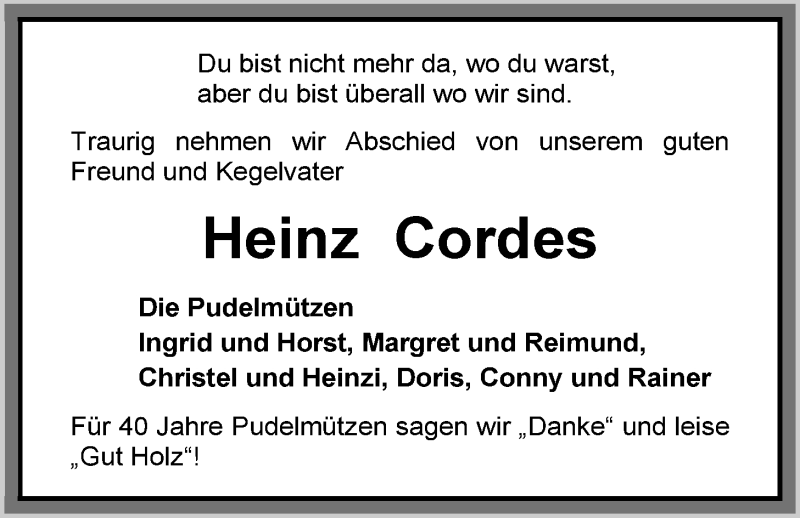  Traueranzeige für Heinz Cordes vom 09.12.2014 aus Nordwest-Zeitung