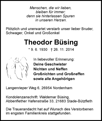 Traueranzeige von Theodor Büsing von Nordwest-Zeitung