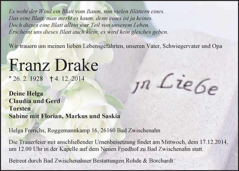  Traueranzeige für Franz Drake vom 11.12.2014 aus Nordwest-Zeitung