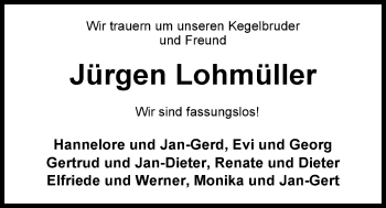 Traueranzeige von Jürgen Lohmüller von Nordwest-Zeitung
