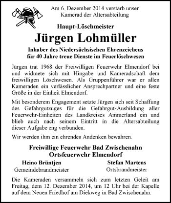 Traueranzeige von Jürgen Lohmüller von Nordwest-Zeitung