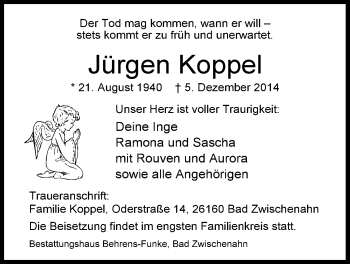 Traueranzeige von Jürgen Koppel von Nordwest-Zeitung