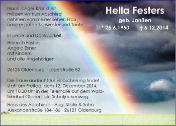 Traueranzeige von Hella Festers von Nordwest-Zeitung
