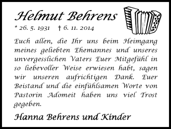 Traueranzeige von Helmut Behrens von Nordwest-Zeitung