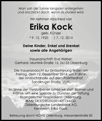 Traueranzeige von Erika Kock von Nordwest-Zeitung