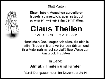 Traueranzeige von Claus Theilen von Nordwest-Zeitung