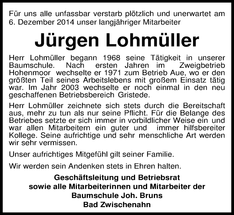  Traueranzeige für Jürgen Lohmüller vom 10.12.2014 aus Nordwest-Zeitung