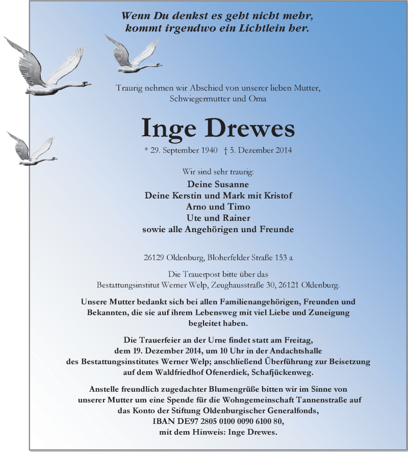  Traueranzeige für Inge Drewes vom 13.12.2014 aus Nordwest-Zeitung