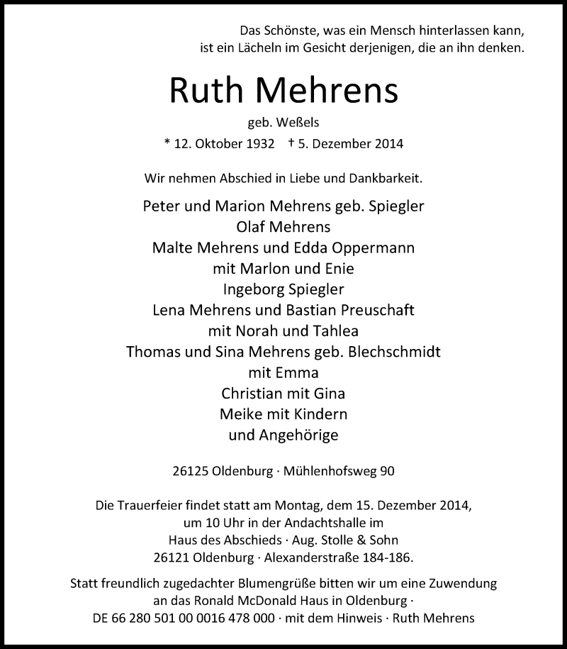  Traueranzeige für Ruth Mehrens vom 10.12.2014 aus Nordwest-Zeitung