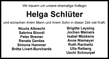 Traueranzeige von Helga Schlüter von Nordwest-Zeitung