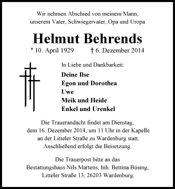 Traueranzeige von Helmut Behrends von Nordwest-Zeitung