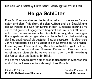 Traueranzeige von Helga Schlüter von Nordwest-Zeitung