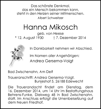 Traueranzeige von Hanna Mikosch von Nordwest-Zeitung