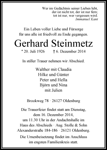 Traueranzeige von Gerhard Steinmetz von Nordwest-Zeitung