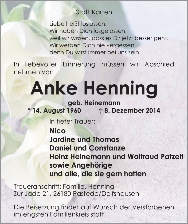  Traueranzeige für Anke Henning vom 11.12.2014 aus Nordwest-Zeitung