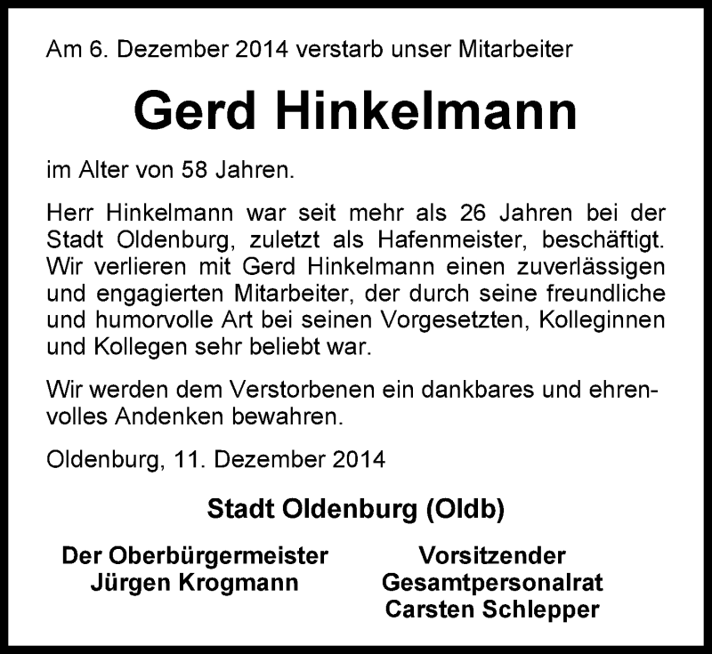  Traueranzeige für Gerd Hinkelmann vom 11.12.2014 aus Nordwest-Zeitung