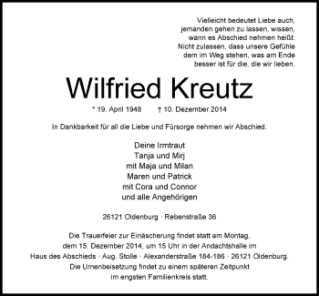 Traueranzeige von Wilfried Kreutz von Nordwest-Zeitung