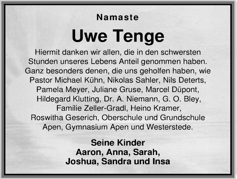  Traueranzeige für Uwe Tenge vom 13.12.2014 aus Nordwest-Zeitung