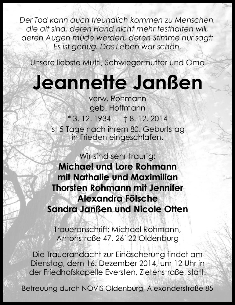  Traueranzeige für Jeannette Janßen vom 13.12.2014 aus Nordwest-Zeitung