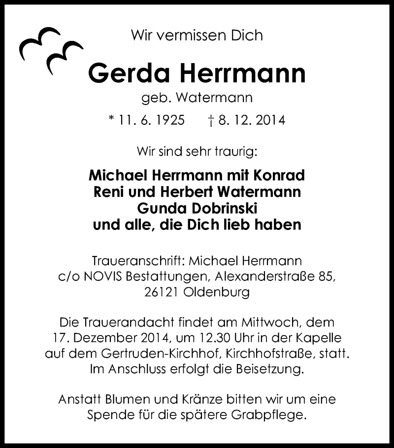 Traueranzeige für Gerda Herrmann vom 13.12.2014 aus Nordwest-Zeitung