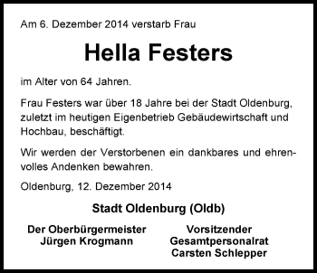 Traueranzeige von Hella Festers von Nordwest-Zeitung