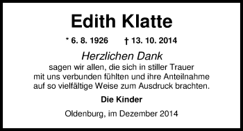 Traueranzeige von Edith Klatte von Nordwest-Zeitung