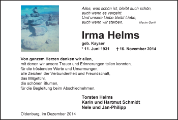 Traueranzeige von Irma Helms von Nordwest-Zeitung