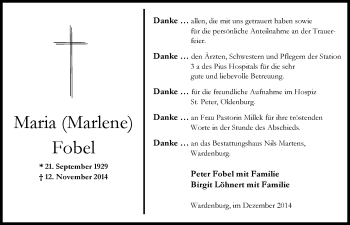 Traueranzeige von Maria (Marlene) Fobel von Nordwest-Zeitung
