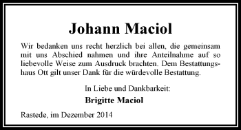 Traueranzeige von Johann Maciol von Nordwest-Zeitung