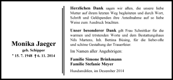 Traueranzeige von Monika Jaeger von Nordwest-Zeitung