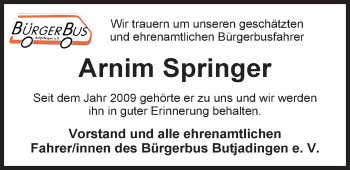 Traueranzeige von Arnim Springer von Nordwest-Zeitung