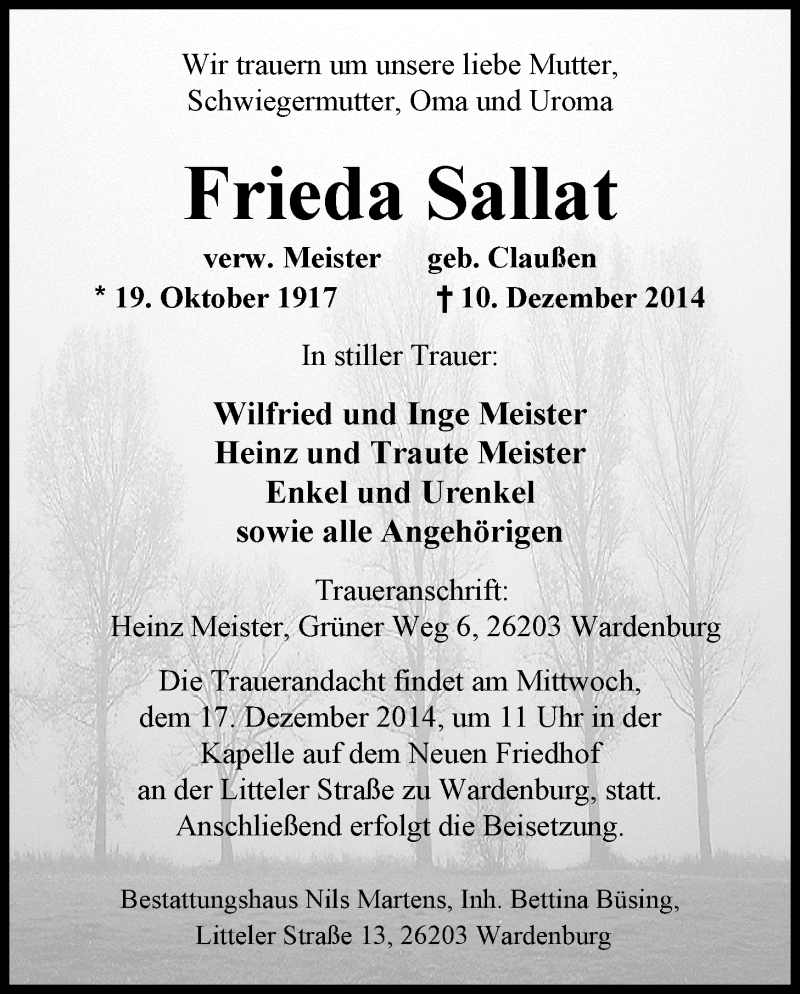  Traueranzeige für Frieda Sallat vom 13.12.2014 aus Nordwest-Zeitung
