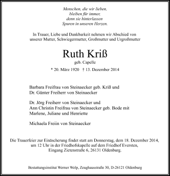 Traueranzeige von Ruth Kriß von Nordwest-Zeitung