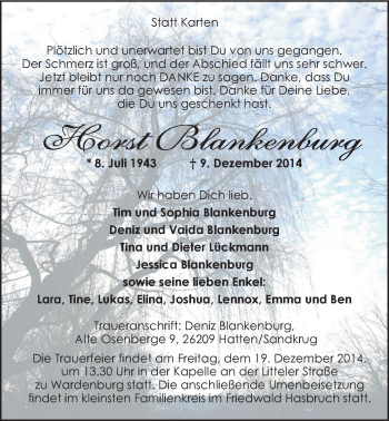 Traueranzeige von Horst Blankenburg von Nordwest-Zeitung