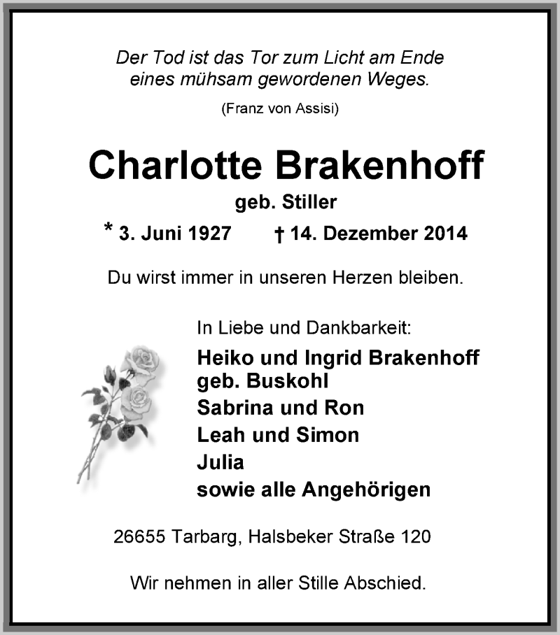  Traueranzeige für Charlotte Brakenhoff vom 16.12.2014 aus Nordwest-Zeitung