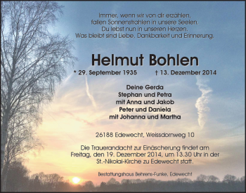 Traueranzeige von Helmut Bohlen von Nordwest-Zeitung