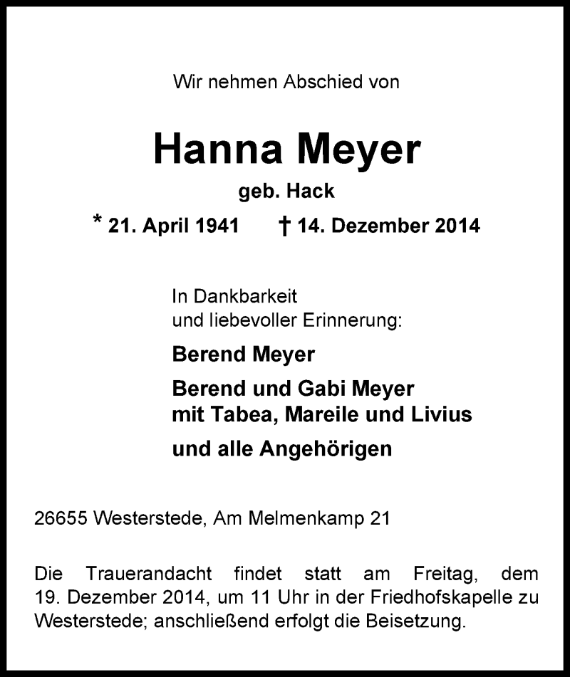  Traueranzeige für Hanna Meyer vom 16.12.2014 aus Nordwest-Zeitung