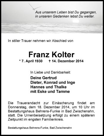 Traueranzeige von Franz Kolter von Nordwest-Zeitung