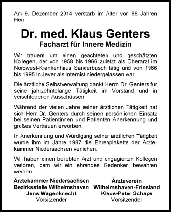 Traueranzeige von Klaus Genters von Nordwest-Zeitung