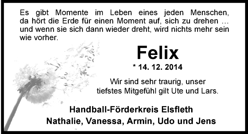  Traueranzeige für Felix Hedegger vom 17.12.2014 aus Nordwest-Zeitung